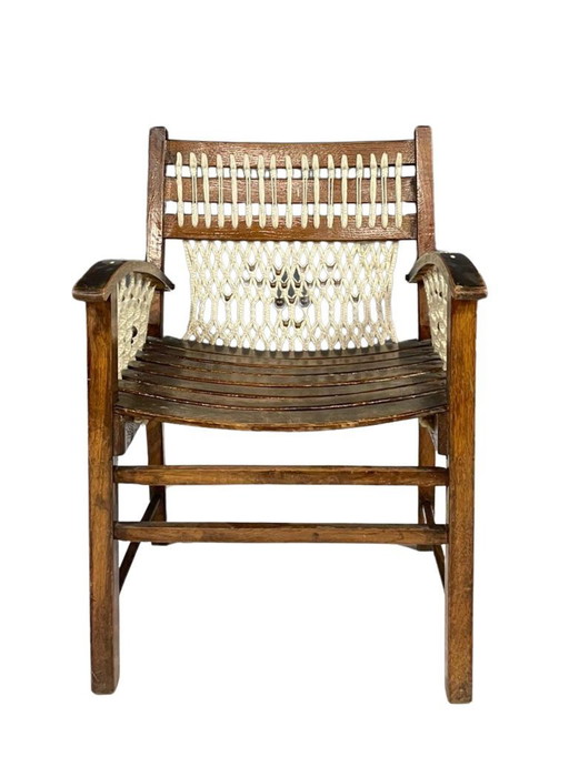 Vintage Macramé Armchair, 1960s, Czechoslovakia, Wooden Frame