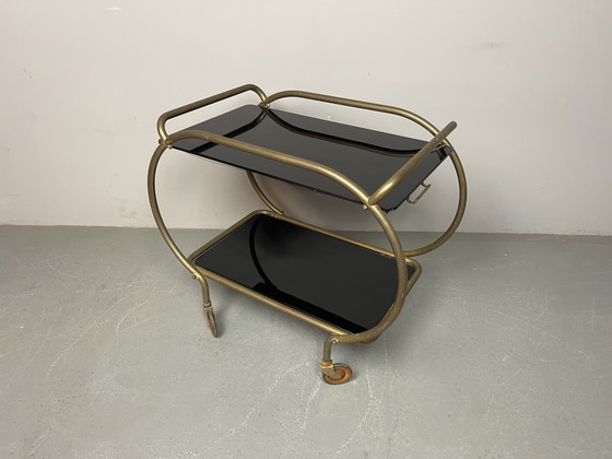 Elegante carrello bar in ottone e vetro nero di metà secolo, prodotto da Grünstadt, Germania, anni '50. (photo 6 of 15)