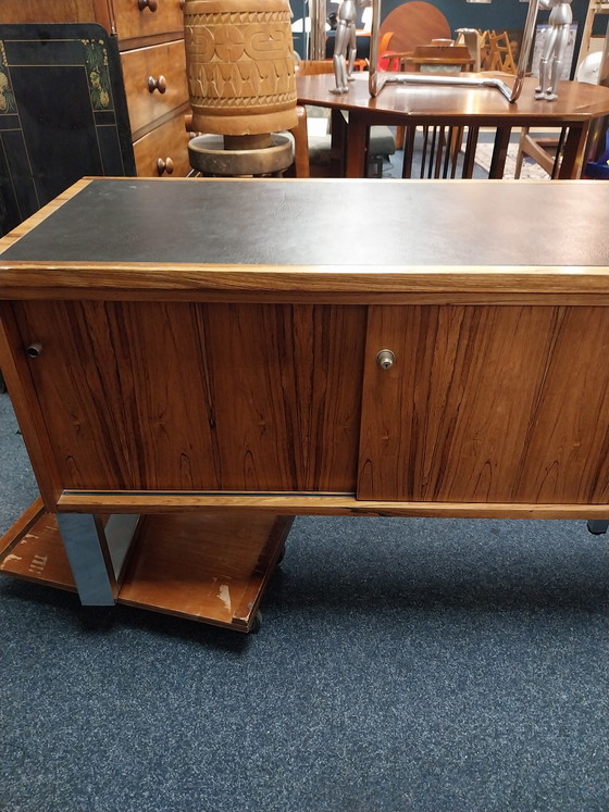 Image 1 of 1 x BUS möbel 1980's  roomdivider lowboard met zwart lederen bovenblad 2 zijdig 200 x 46 x 64cm 