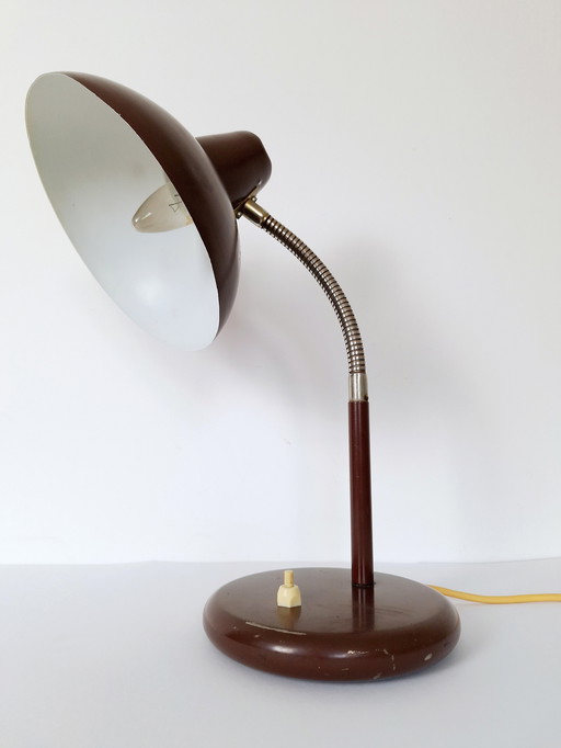 Vintage Zwanenhals Tafellamp / Bureaulamp Bruin / Industriële Metalen Lamp / Retro Kantoorlamp