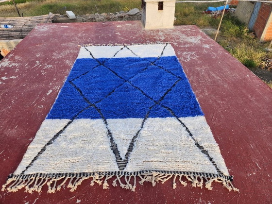 Image 1 of Blue Beni Ourain Rug 250x150 cm – Handmade Moroccan Wool Rug – Berber Diamond Carpet – Modern Boho Area Rug