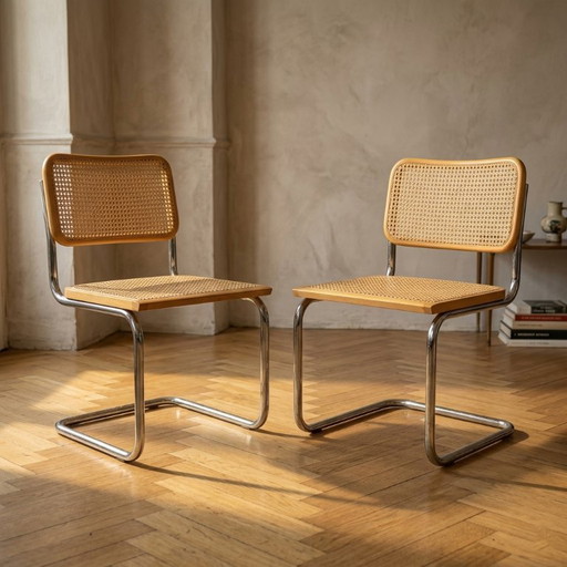 Pair of Cesca Chairs, Bauhaus Chrome & Rattan Dining Chairs by Marcel Breuer, Mid Century Modern, 20th Century