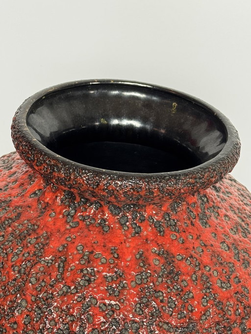 Extra Large Mid-Century Design Ceramic Black Fat Lava Vase with Red High Gloss Enamel by ES Keramik, West Germany 1960s.