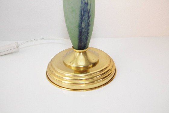 Image 1 of Tafellamp glazen kap opaal glas kunststeen messing 46cm 80s vintage