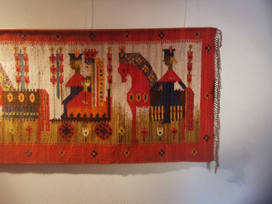 M. Domańska Kilim "Wesele" rouge et jaune, Tapis, Laine, Vintage (photo 6 sur 13)