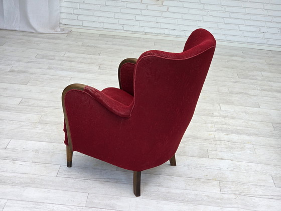Image 1 of 1960s, fauteuil danois, état original, tissu en laine, pieds en bois de hêtre.
