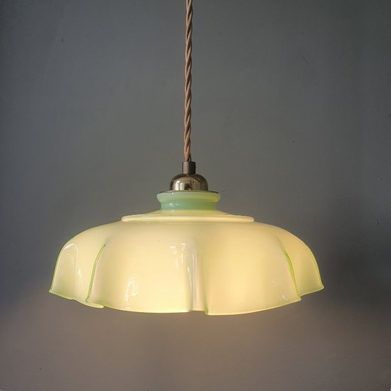 Vintage French Pendant Lamp - Pastel Green Opaline Glass. – Metal (photo 8 of 19)