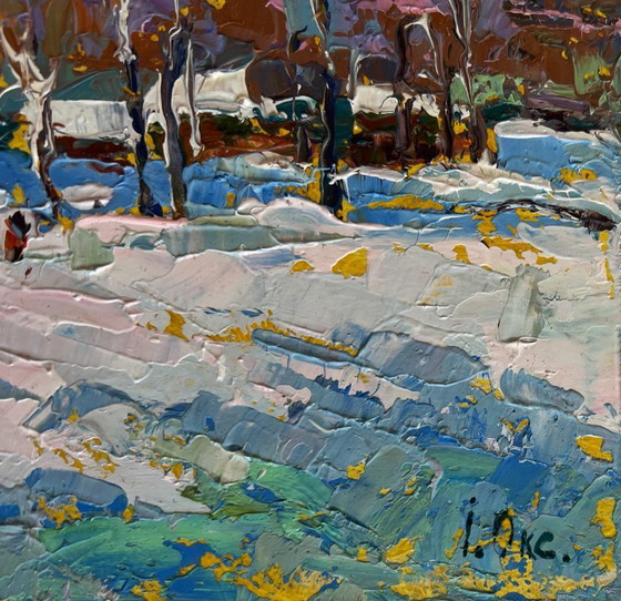 Image 1 of Original Oil Painting Winter Village Landscape Returning home with hay