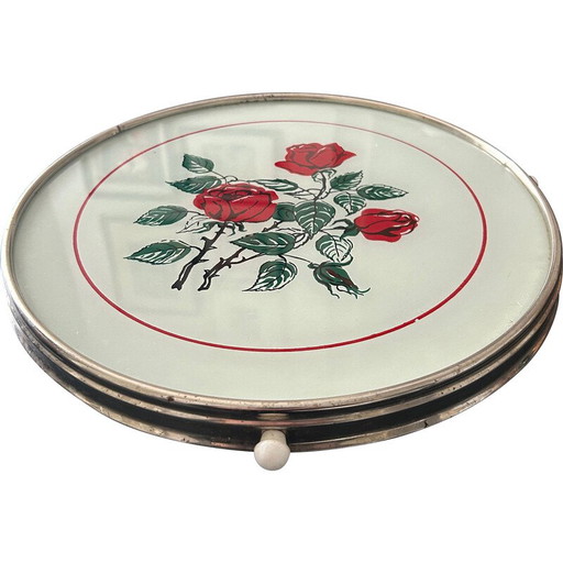 Vassoio in vetro stampato vintage con decorazione a forma di rosa