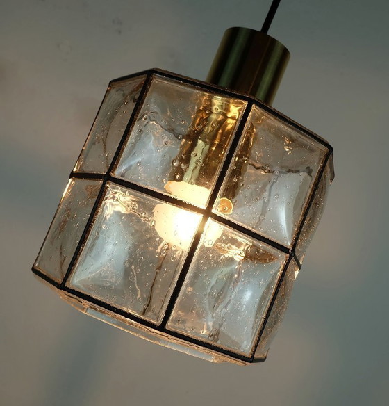 Image 1 of vintage jaren 1960 70 glashuette limburg hanglamp helder glazen kap en messing