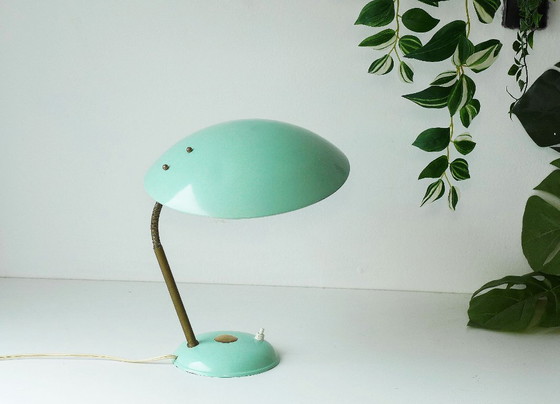 Image 1 of Lampe de table vintage, lampe de bureau, années 50, 60, 70, lampe cosaque en métal en forme d'OVNI, vert menthe