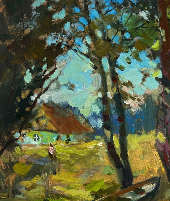 Image 1 of Original Oil Painting Summer Lake Landscape Fisherman's boat