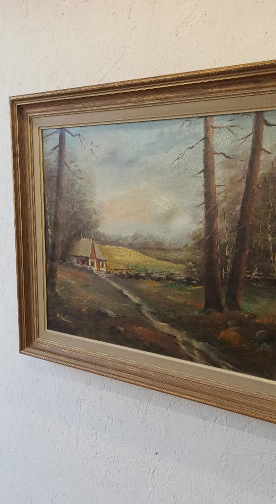 Image 1 of Painting "Cottage on the Edge of the Forest." Oil on canvas. Signed.