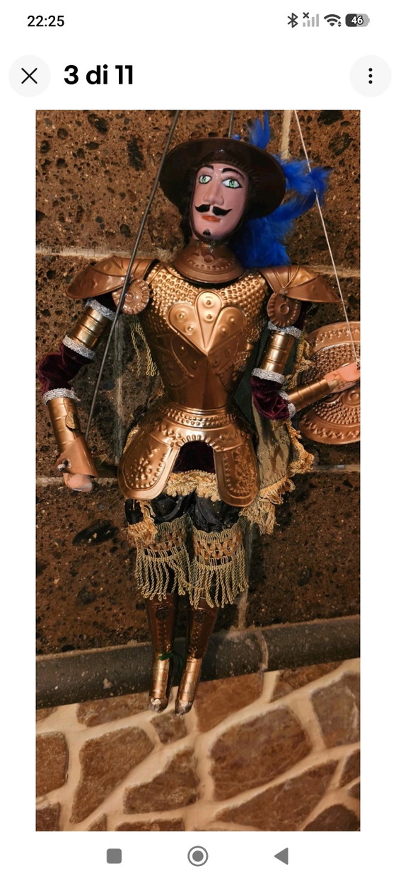 Vintage Puppet Puppet, 60cm, Brass Armor and Clothes – Decorative Objects, Textile, Wood (photo 3 of 11)
