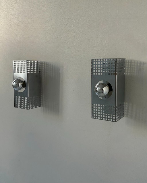 Pair of vintage sconces, chromed metal, France 1970.