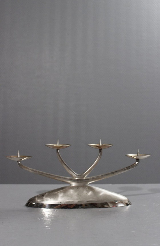 Image 1 of WMF Ikora - zilverkleurige metalen kroonluchter met 4 lampen, modernistisch ontwerp, jaren 1950