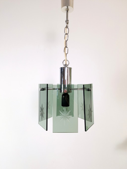 Mid-Century Modern Pendant Lamp, Made in Yugoslavia, EMI Poljčane, 1970s Modern Light, Green Smoked Glass, Space Age, Atomic Age