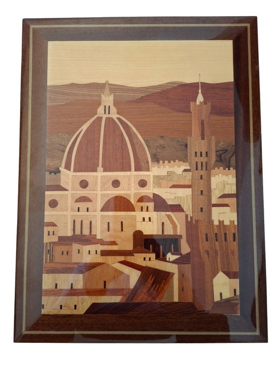 Image 1 of Peinture artisanale en marqueterie de bois représentant le panorama de Florence (dôme de Brunelleschi)