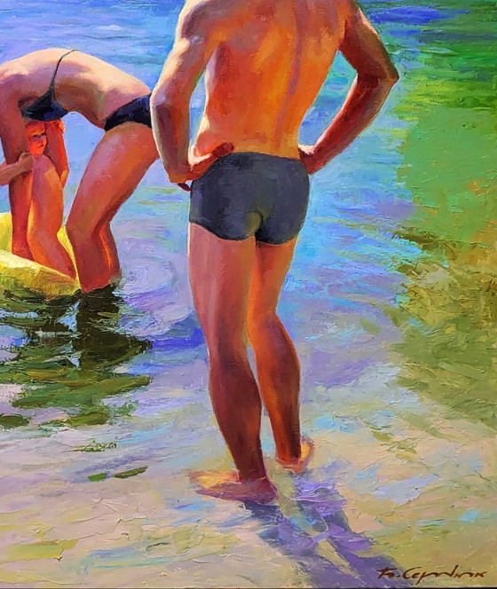 Image 1 of Original Oil Painting Natural Landscape River Happy Summer Childhood