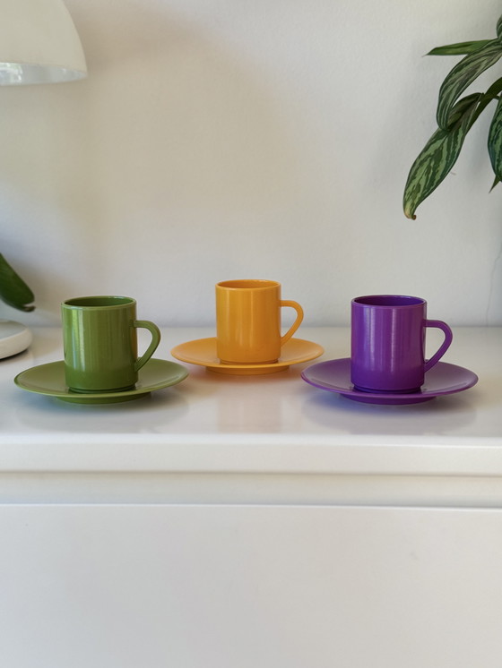 Image 1 of Set Vintage Rocamine Cups and Saucers Melamine Retro Design Belgium 60s/70s