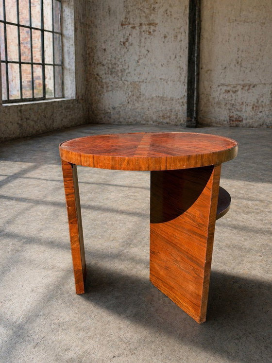 Image 1 of Art Deco Round Side Table with Shelf – Vintage Wood Occasional Table / Bedside Table