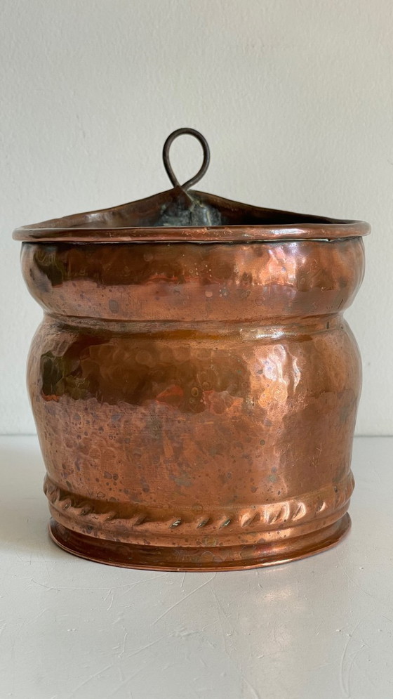 Image 1 of Hangende koperen en stalen plantenpot