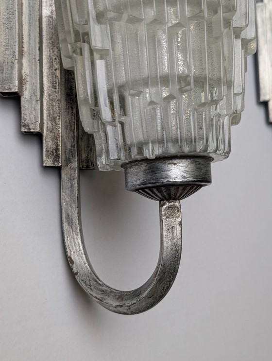 Image 1 of Pair of Ferro Art Iron and Glass Wall Sconces Art Deco Style 1970s