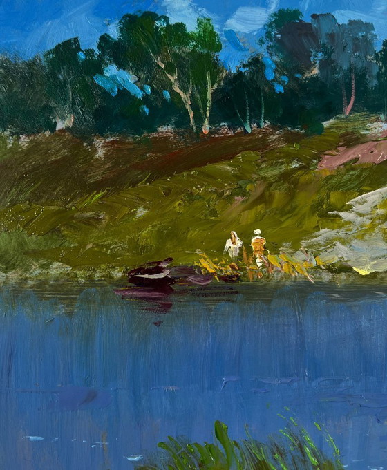 Image 1 of Original Oil Painting Summer Coastal Landscape People looking at the flow of river