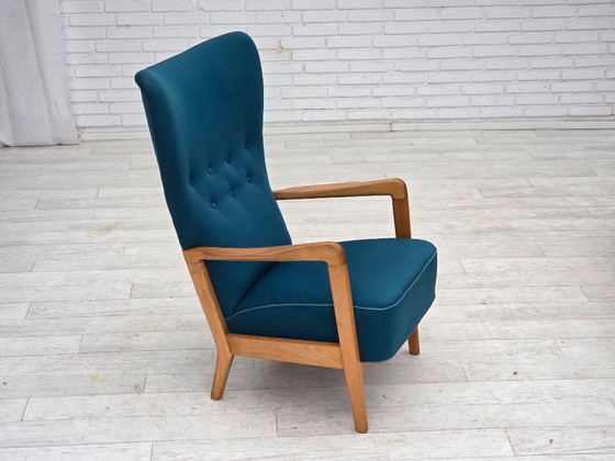 Image 1 of Anni '70, poltrona danese di Fritz Hansen, lana per mobili, legno di faggio laccato.