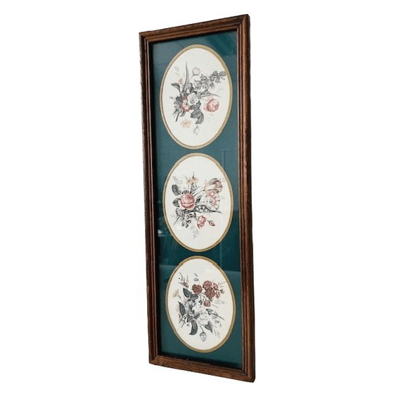 Image 1 of Stampa vintage incorniciata con dipinto di tre scene floreali