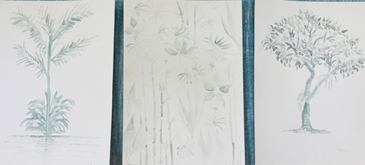 Set of 3 signed watercolor landscape paintings in sage green monochrome