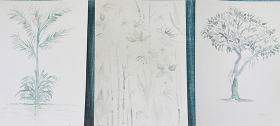 Image 1 of Set of 3 signed watercolor landscape paintings in sage green monochrome