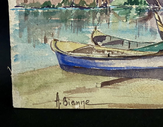 Vintage Franse aquarel van Martigues, Provence – Gesigneerd A. Bianne, ca. 1930 – Schilderijen & Tekeningen (photo 4 of 9)