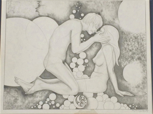 P. de Minter: Schets, 'Esoterische Naakt' jaren 70 ° Vintage ° Naakttekening