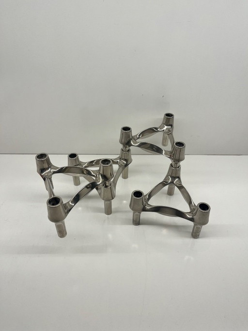 Set of 4 Stoff Nagel BMF candlesticks, modular vintage Scandinavian design, chrome