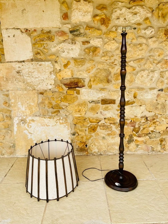 Image 1 of Mid-Century, Turned Wood, Bamboo Rattan Floor Lamp Circa 1950s
