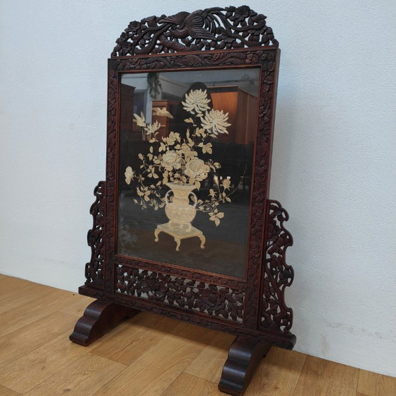 Image 1 of Paravent de cheminée ancien asiatique en bois, paravent décoratif