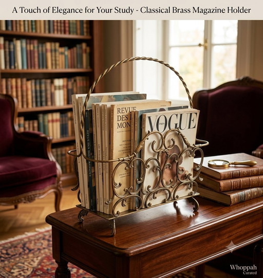 Porte-revues vintage en laiton de style rococo français – Porte-revues orné de filigranes et poignée torsadée