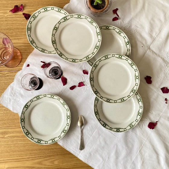 Image 1 of Set of 6 dessert plates, Creil and Montereau Labrador pattern, Annecy green, ironstone.