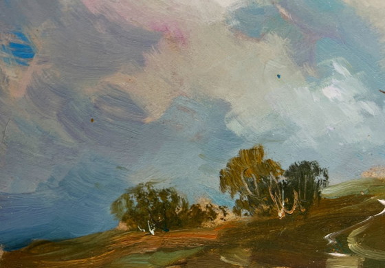 Image 1 of Original Oil Painting Summer Field Landscape Birds flying home