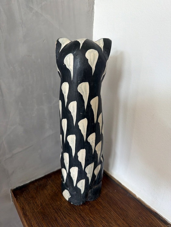 Image 1 of Vintage houten kat zwart wit 31cm hoog