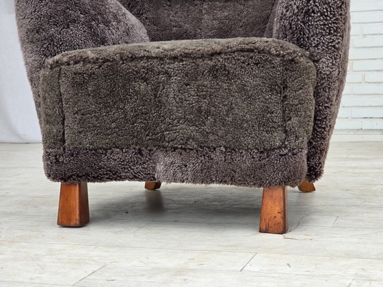 1960s, Danish design, reupholstered armchair, genuine sheepskin., Other, Brown (photo 17 of 20)