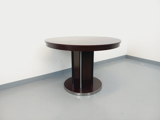 Image 1 of Table ronde de repas vintage en bois d’ébène et métal chromé style Space Age / Diner des années 70 avec rallonge intégrée