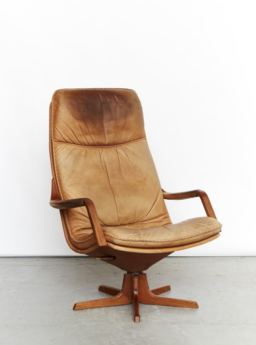 Berg Furniture Teak&Leather drehbarer Highback Lounge Chair