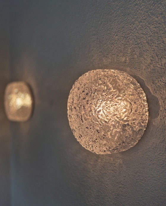 Image 1 of Pair of Glashütte Limburg 2791 Textured Ice Glass Flush Mount Ceiling / Wall Lights, Black Base, E27, Ø24.5 cm, Germany