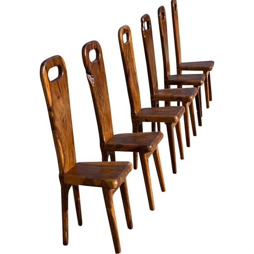 Ensemble de 6 chaises vintage en bois d'olivier massif pour La Maison Skela, France 1960