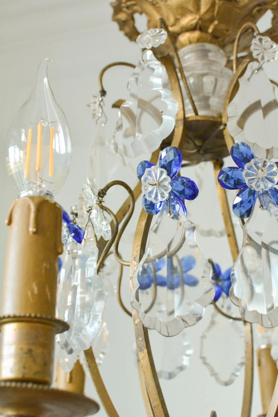 Vintage French Gilt Bronze Cage Chandelier, Blue Murano Glass, 6-Light, 1960s – Crystal (photo 4 of 5)