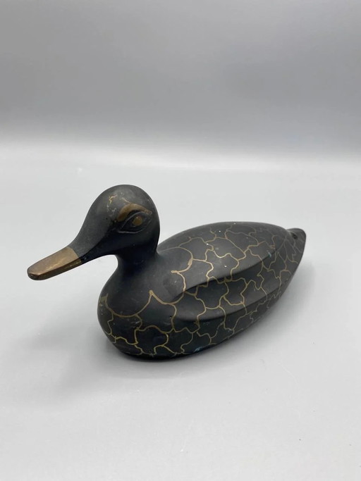 Antica scultura stilizzata di anatra in metallo patinato nero e oro. – decoratieve objecten (photo 2 of 6)