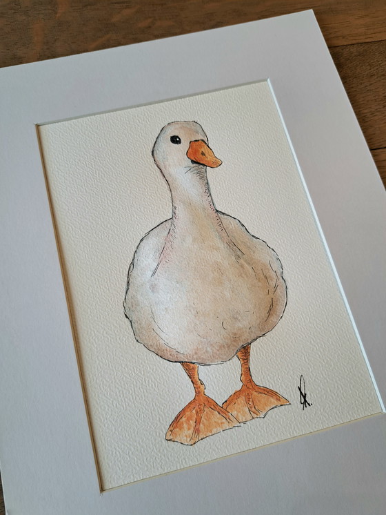 Image 1 of Watercolor painting Goose | Dark brown frame