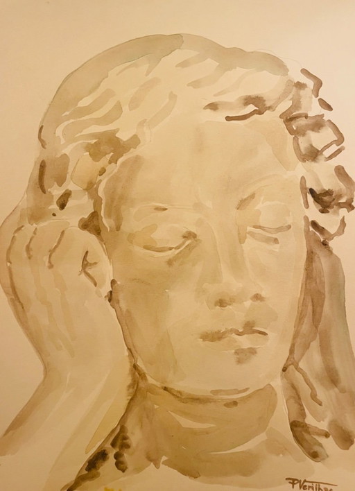 Monochrome sepia watercolor portrait of a woman, "thought"